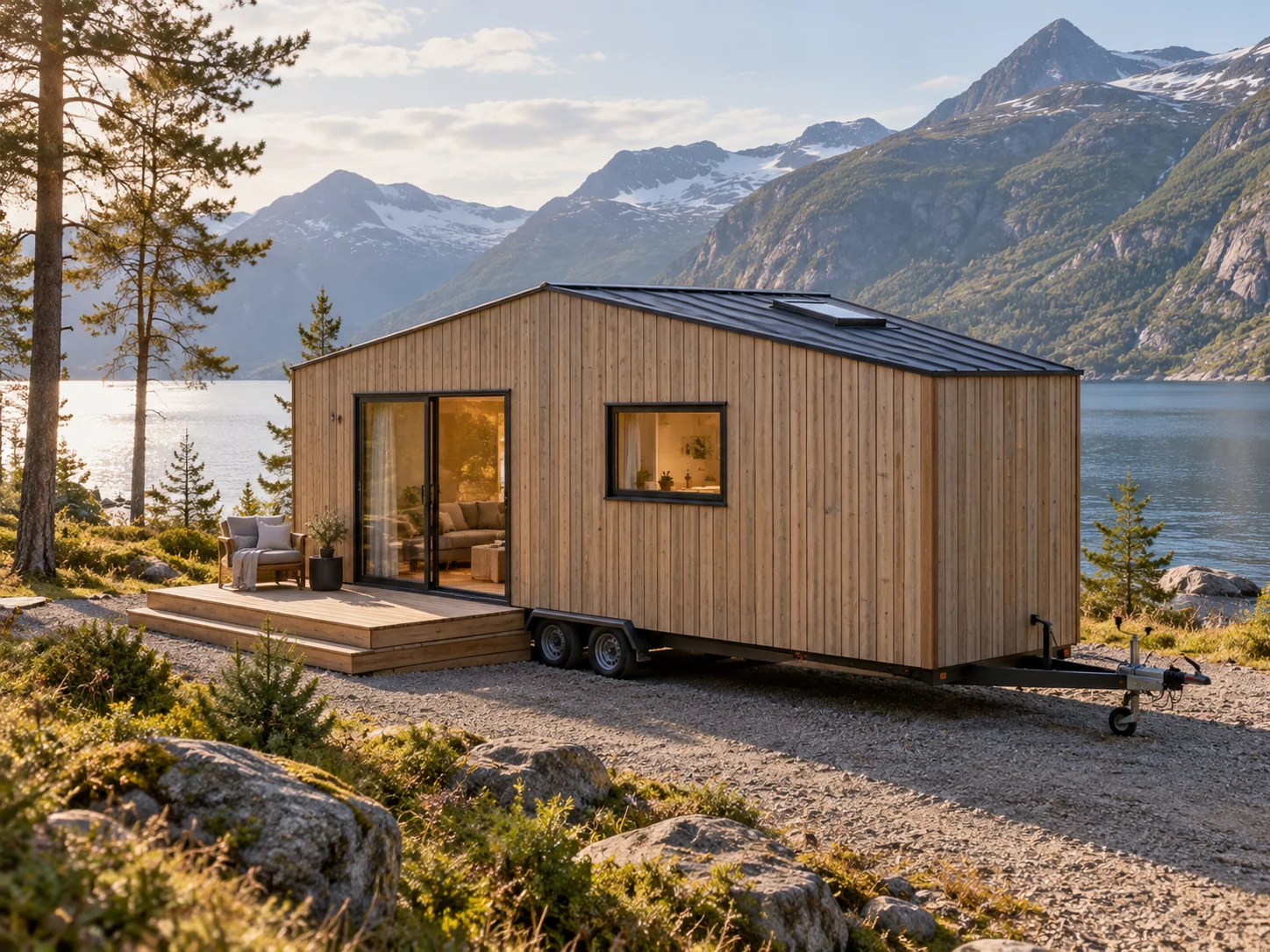 Mobil overnattingsenhet på tilhenger ved fjorden